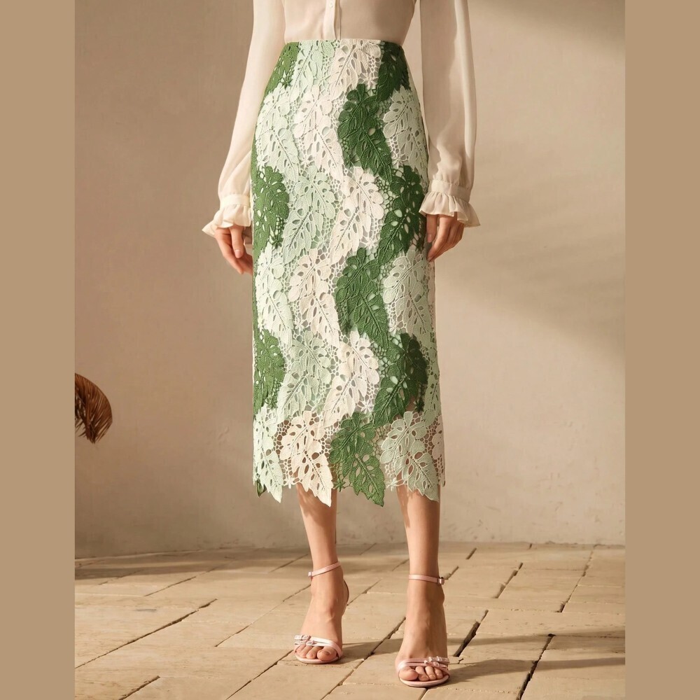Green & White Lace Midi Skirt - Picture 4 of 7